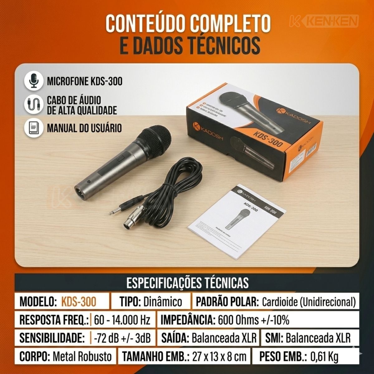 Conteúdo completo e dados técnicos do microfone